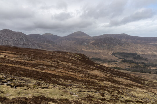 Scenic mountain landscape in Mourne Mountains ,Silent Valley mountain park under a cloudy sky