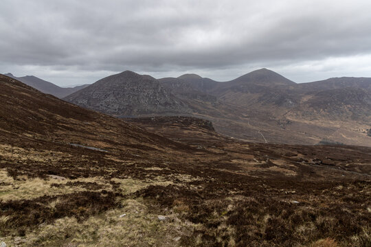 Scenic mountain landscape in Mourne Mountains ,Silent Valley mountain park under a cloudy sky