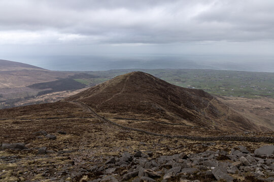 Scenic mountain landscape in Mourne Mountains ,Silent Valley mountain park under a cloudy sky