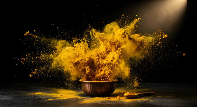Dynamic explosion of yellow turmeric powder spice bursting from copper bowl on dark background