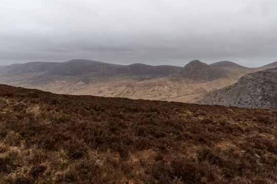 Scenic mountain landscape in Mourne Mountains ,Silent Valley mountain park under a cloudy sky