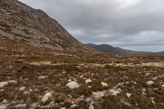 Scenic mountain landscape in Mourne Mountains ,Silent Valley mountain park under a cloudy sky