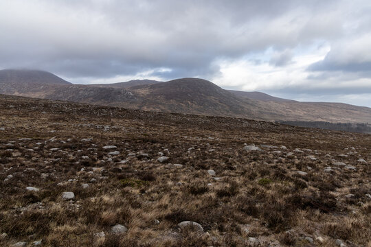 Scenic mountain landscape in Mourne Mountains ,Silent Valley mountain park under a cloudy sky