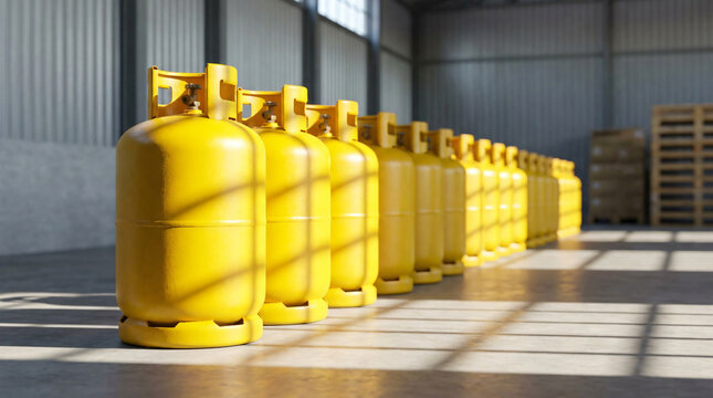 Commercial stock photo of yellow propane gas cylinders lined up in a row. Perspective view of industrial metal tanks with sharp shadows on a concrete floor for energy or fuel concept.