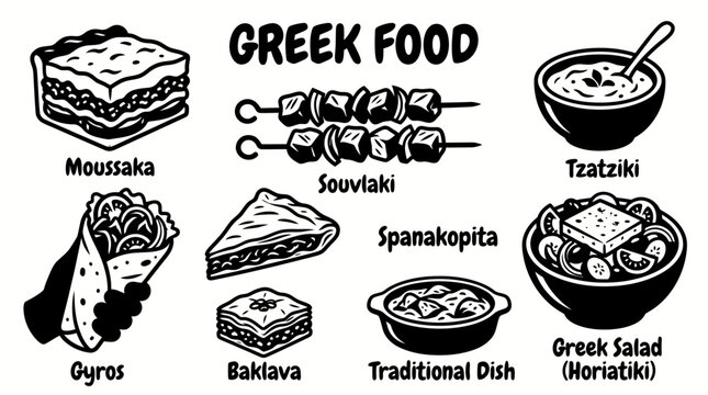 Greek foods featuring moussaka souvlaki tzatziki gyros spanakopita Greek salad baklava and traditional dishes vector cuisine restaurants Mediterranean food menus culinary tourism cafes festivals