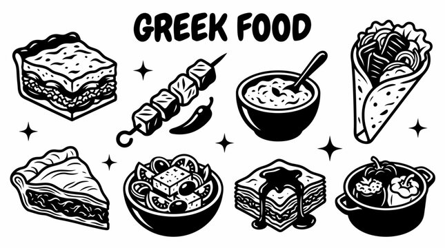 Greek foods featuring moussaka souvlaki tzatziki gyros spanakopita Greek salad baklava and traditional dishes vector cuisine restaurants Mediterranean food menus culinary tourism cafes festivals