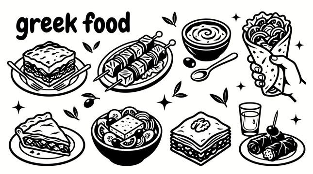 Greek foods featuring moussaka souvlaki tzatziki gyros spanakopita Greek salad baklava and traditional dishes vector cuisine restaurants Mediterranean food menus culinary tourism cafes festivals