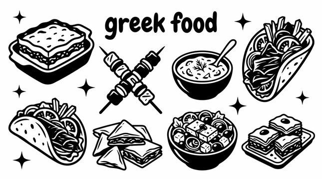 Greek foods featuring moussaka souvlaki tzatziki gyros spanakopita Greek salad baklava and traditional dishes vector cuisine restaurants Mediterranean food menus culinary tourism cafes festivals