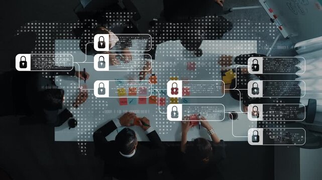 Aerial view of business professionals engaging in a strategic meeting around a conference table, showcasing digital locks symbolizing data security and privacy. Raster
