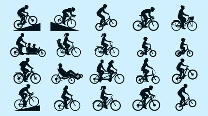 Fototapeta premium Collection of 20 black silhouettes of people riding various types of bicycles in different poses on a blue background, ideal for sport, recreation, and transport design projects.
