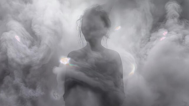 Ethereal silhouette of young woman emerging from dense swirling fog. Abstract conceptual video of human form dissolving into mist. Tilt down camera movement.
