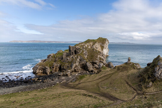 Historic Kinbane Castle ruins on the rugged Antrim coastline, Northern Ireland