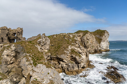 Historic Kinbane Castle ruins on the rugged Antrim coastline, Northern Ireland