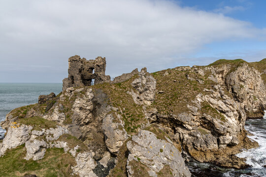 Historic Kinbane Castle ruins on the rugged Antrim coastline, Northern Ireland