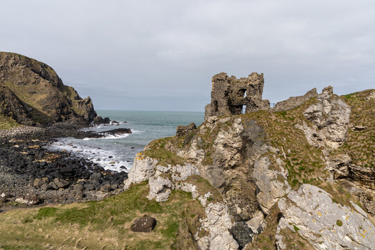 Historic Kinbane Castle ruins on the rugged Antrim coastline, Northern Ireland