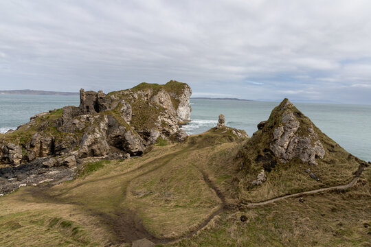 Historic Kinbane Castle ruins on the rugged Antrim coastline, Northern Ireland