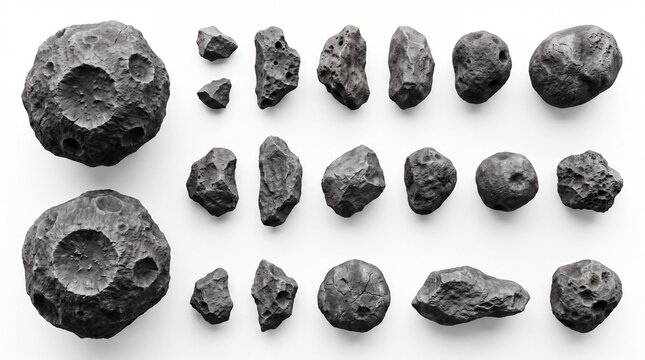 A collection of various sized meteorites arranged on a white background