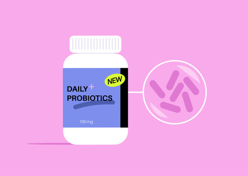 Bright and inviting, a bottle of daily probiotics stands proudly against a soft pink backdrop, promising enhanced gut health and well-being, The playful label adds a touch of joy.