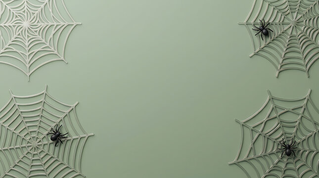 Black spiders on white spider webs for halloween background with copy space