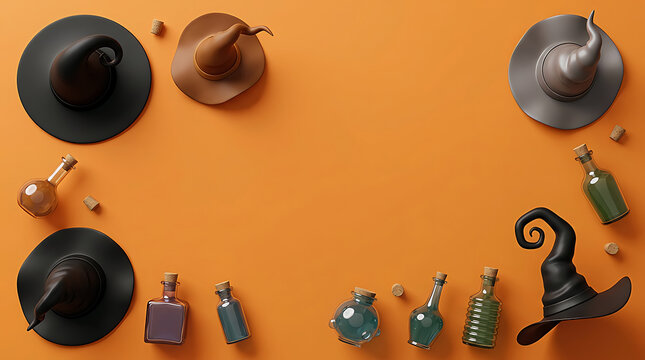 Halloween background with witch hats and glass potion bottles on an orange surface