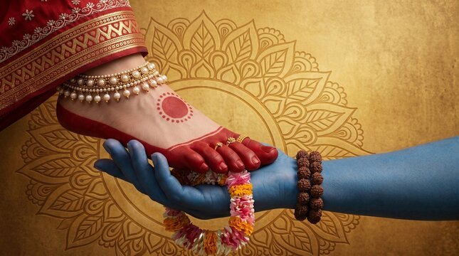 Shiva and Parvati feet touching symbolic divine union Hindu devotional artwork