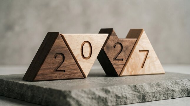 Wooden triangular blocks displaying the year 2027 on stone surface