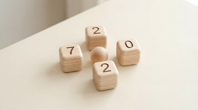 Wooden blocks with numbers arranged around a small sphere