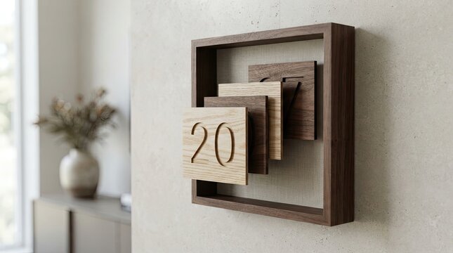Modern wooden wall calendar with layered square panels showing date 20