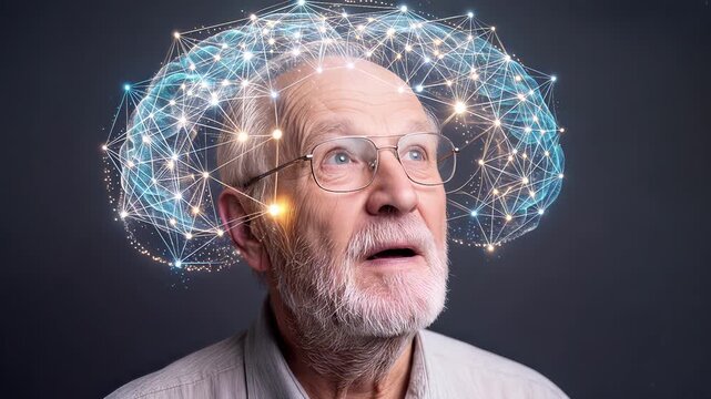 Senior man with digital neural network around head. Concept of artificial intelligence and human brain connection. Lockdown medium shot.