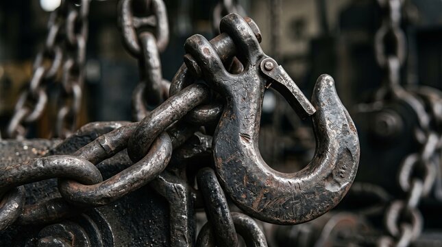 Closeup of heavy duty forged metal hook and thick chain links with worn surface