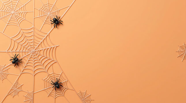 Three small black spiders crawling on a spider web against a soft orange background