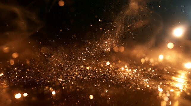 Golden Glitter Sparks and Bokeh on Dark Background