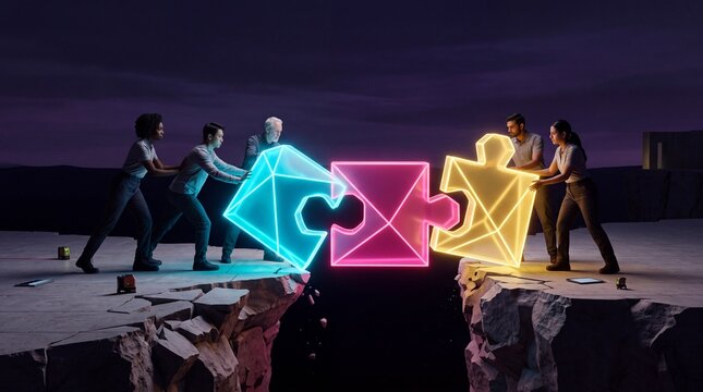 Business Team Building Glowing Puzzle Bridge Across Chasm