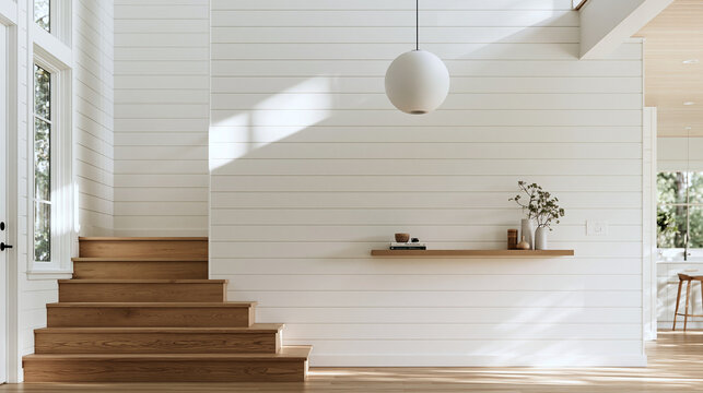 Modern Minimalist Home Interior with Wooden Staircase and Shiplap Wall