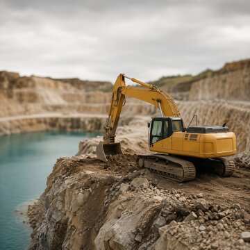 Yellow Crawler Excavator Digging Earth at Edge of Quarry Cliff with Turquoise Lake, Concept of Heavy Machinery, Mining Industry, Construction, and Earthmoving Operations