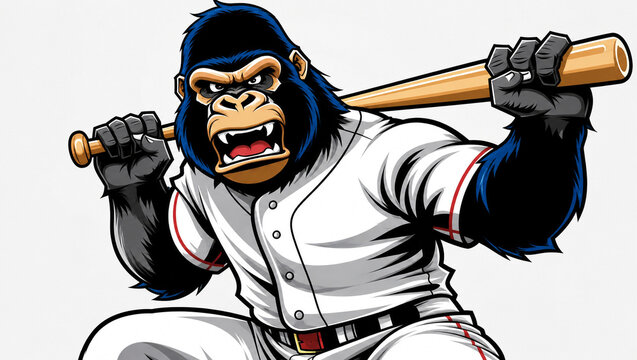Strong gorilla athlete in baseball jersey holding bat sports logo