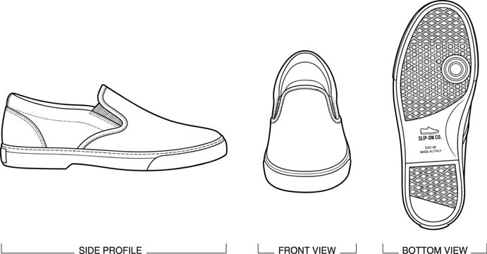 Slip‑on shoe technical flat sketch illustration set, footwear design construction vector