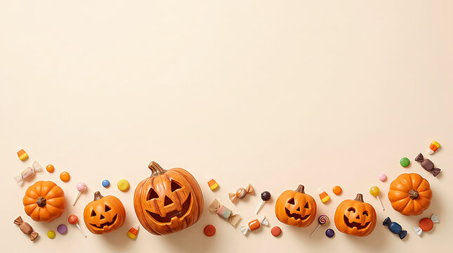 Halloween pumpkins with candy treats arranged in a festive bottom border