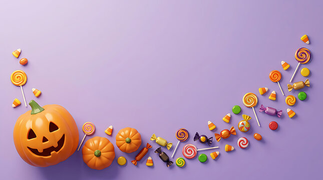 Jack o lantern pumpkins and colorful halloween candy arranged on a purple background