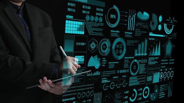 Engaging portrayal of a professional presenting business analytics, showcasing dynamic data visualizations and statistics to drive strategic decisions and insights. Cipher