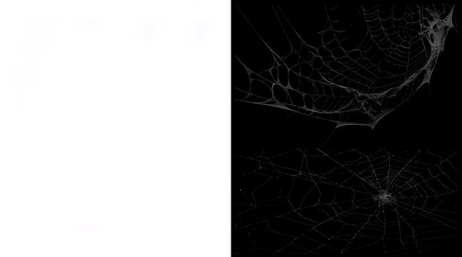 Spooky spider web collection on black background, realistic cobweb set for Halloween, dark gothic spiderweb textures for horror design