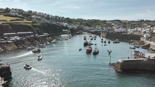 Cliffs and a harbor over Port Village from a drone, Charlestown, St Austell, Cornwall, England