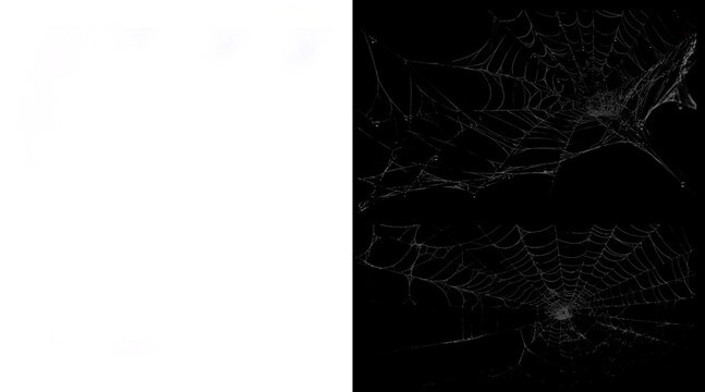 Spooky spider web illustration set, white cobweb textures on black background, gothic halloween design elements for horror posters