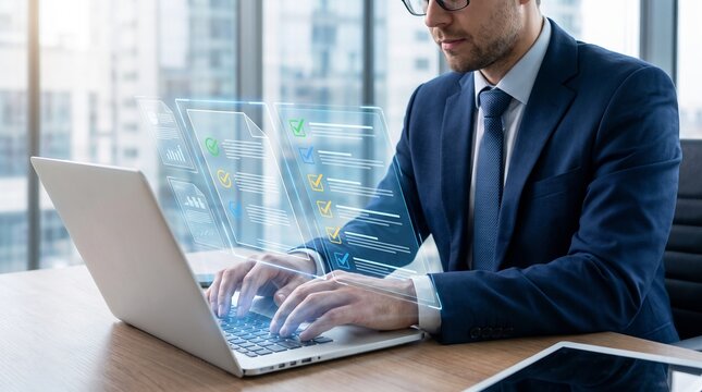 Businessman analyzing holographic digital data on laptop screen in modern office environment