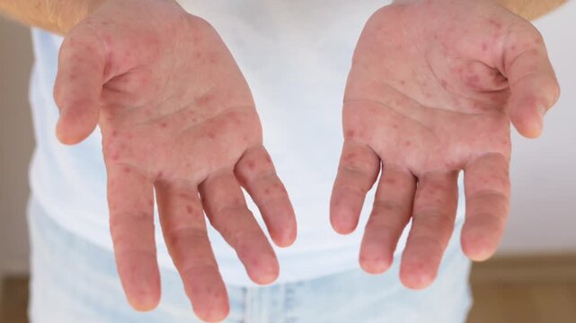 Close-up of man's hands with visible rash bumps as he turns his palms up, displaying skin irritation on both sides clearly. Allergic skin reaction and hives symptoms, chronic eczema, Coxsackie virus