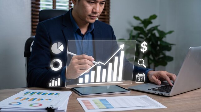 Businessman analyzing financial growth and data statistics using a holographic digital interface in a modern office