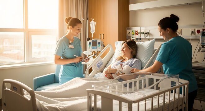 Nurses caring for a new mother and her newborn baby in a hospital maternity ward room