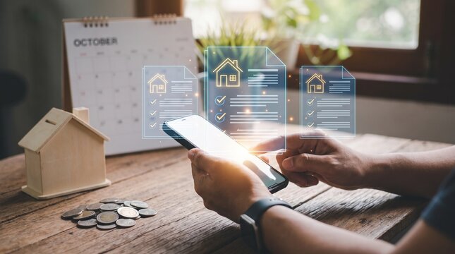 Businessman using smartphone to review digital real estate documents, mortgage contracts, and property loan agreements online