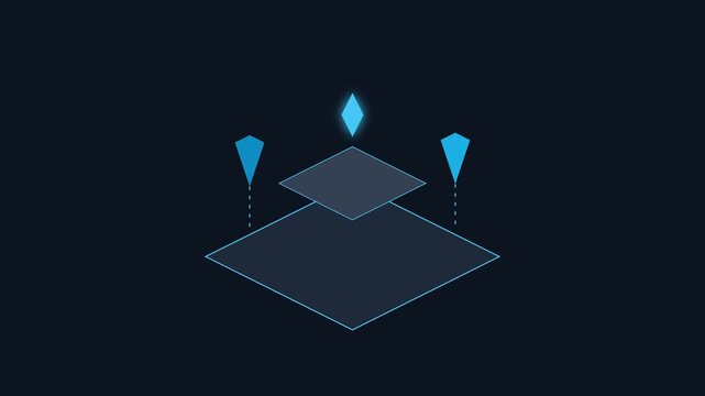 Abstract digital layering animation with glowing geometric shapes and isometric data interface 4k layers