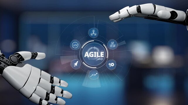 Futuristic robotic hands extend towards a central agile concept, encapsulating the synergy of technology and innovation in modern business environments. Synapse